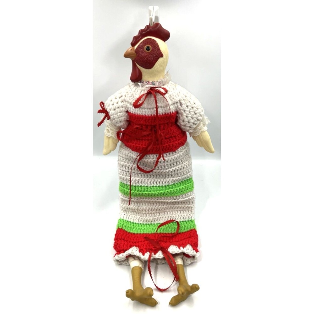 Vtg Grocery Bag Holder Crochet Handmade Hanging Chicken Rooster Hen 22" Pantry
